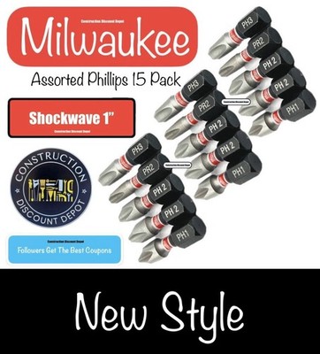 15 Pack Assortment Phillips PH1 PH2 PR2 PH3 Milwaukee Shockwave Impact 1'' Bit