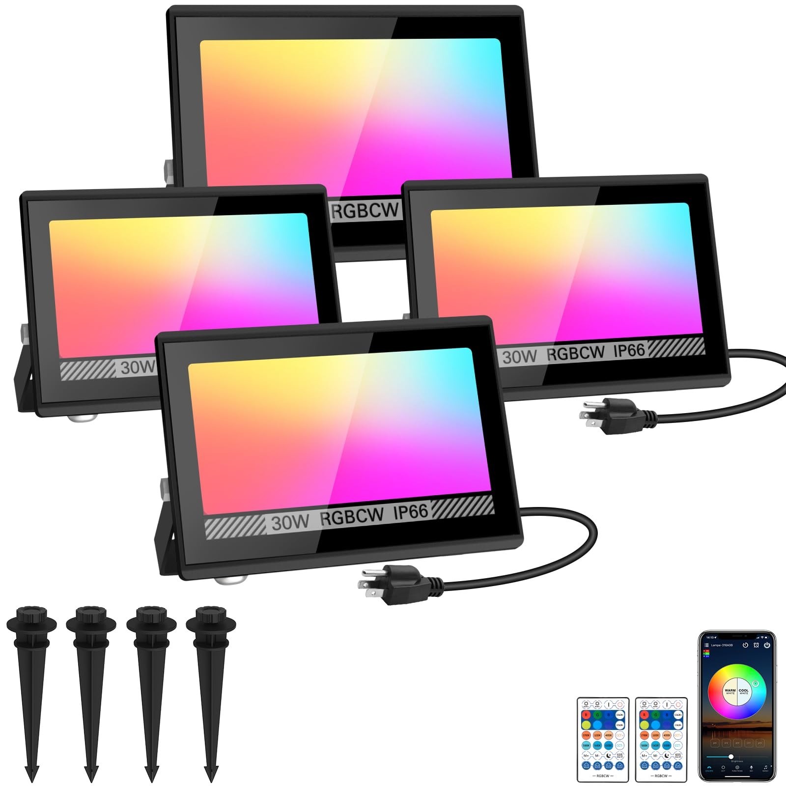 T-SUN LED Flood Light, 30W RGBCW Dimmable Outdoor Smart Lights, Color Changin...