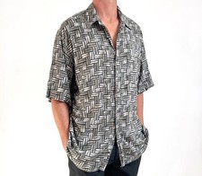 VTG 00s Pierre Cardin Men s Shirt XL Grey Rayon Geometric Basketweave Short Slv