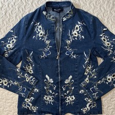 Vintage Embroidered Denim Zip Jacket Womens Size XS Whimsical Cottage Core Fairy