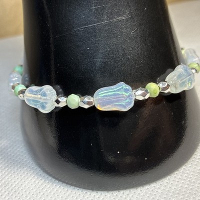 Artisan White And Green Tulip Bracelet 7.75 Inch Silver Tone 