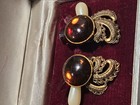 Gold Tone Filigree Clip-On Earrings Round Brown Glass Cabochon Art Deco — photo 4