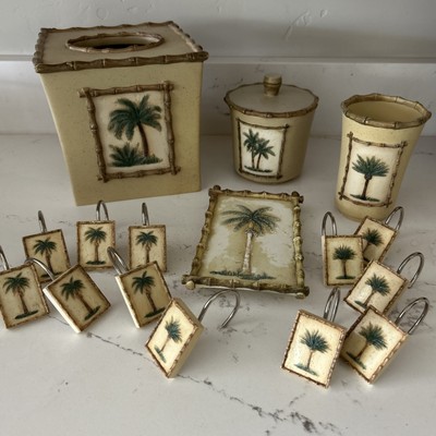 Beautiful Tropical Island  Theme Palm Trees W/ Bamboo Trim Bathroom Accessories