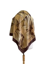 H80 Vintage Abstract Silk Scarf Brown Beige Square Shawl Elegant Wrap
