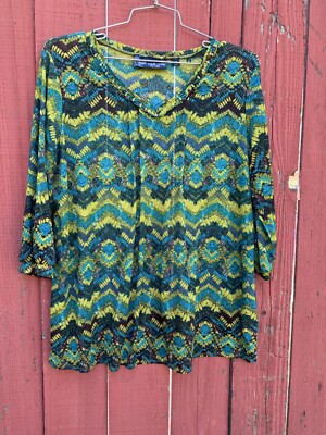 Susan Graver Green Abstract Blouse Plus Size 1X Top Shirt Soft Thin Boho Hippie
