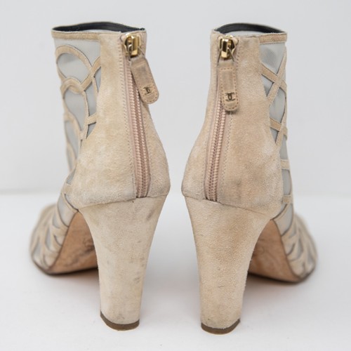 Chanel Genuine Suede Leather Mesh Sheer Cage Woven Peep Toe Ankle Booties Shoes - Picture 4 of 6