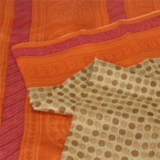 Sanskriti Vintage Sarees Cream/Orange Pure Silk Printed Sari 5Yd Craft Fabric