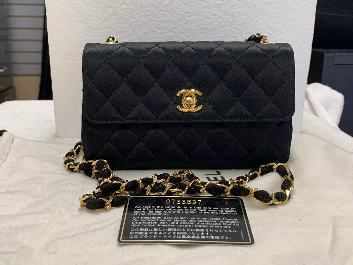 Vintage Chanel Mini Camellia Flap Bag Green Satin Gold Hardware