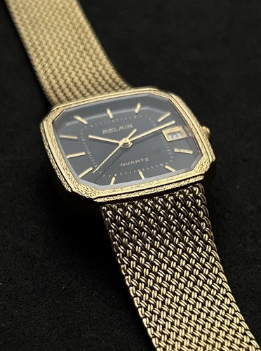 Vintage New 80s BELAIR Tank Mens 30mm Quartz Watch Date Gold Case Bracelet Black - Picture 6 of 18