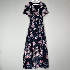 Eliza J Womens Dress 6 Blue Floral Mock Wrap Maxi Cocktail Date High-Low Flutter