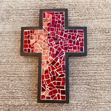 Mosaic Red Glass Christian Cross White Mortar Black Frame 7 1/8" x 10 1/8" Vtg.