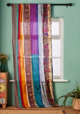 2 Pcs Indian Sari Patchwork Curtain Drape Window Decor Multi Silk Sari Curtain