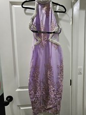 Prettylittlething premium purple embroidered pearl trim midi dress uk10 us6 nwt