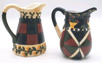 Rare Jim Shore 2002 Mini Pitchers 2  Embossed 3D Geometric Florals Country Boho 