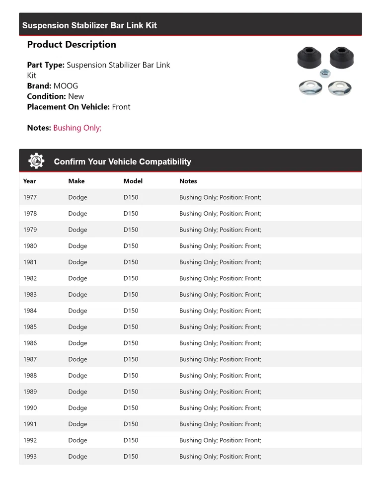 Kit de eslabones de barra estabilizadora de suspensión delantera MOOG 1977 1978 para Dodge D150 1977-1993 Foto 2 de 4