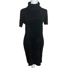 Calvin Klein Short Sleeve Sweater Sheath Dress Black Faux Suede Front Panel Med