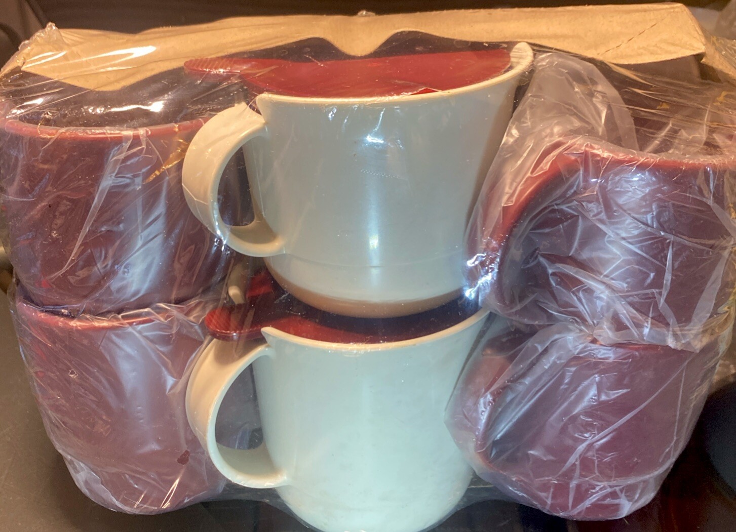 New Vintage Tupperware Coffee Set with 4 Mugs and 2 Sealed Condiment Caddies USA