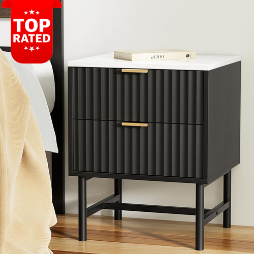 Black Bedside Table MDF Nightstand 2 Drawer Storage Cabinet 55cm Bedroom - Picture 10 of 12