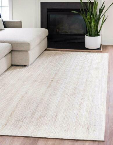 Rug 100% Natural Jute Rectangle Braided Floor Mat Handmade Reversible White Rug - Picture 1 of 11