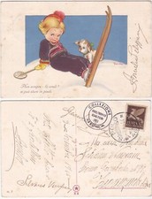 ILLUSTRATOR - ARTIST SIGNED - TOMB - GIRL WITH DOG - SKI - TRAVEL -89845-