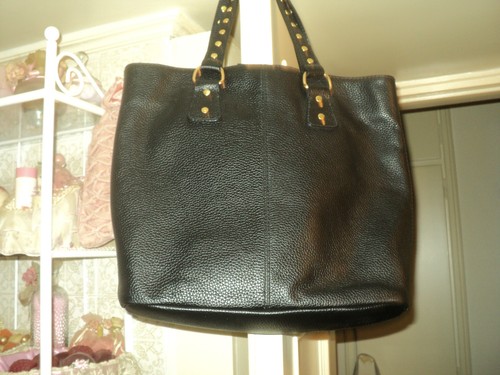 ZARA GENUINE LEATHER BLACK TOTE HANDBAG GOLD STUDS 2 HANDLES *LARGE - Picture 2 of 5