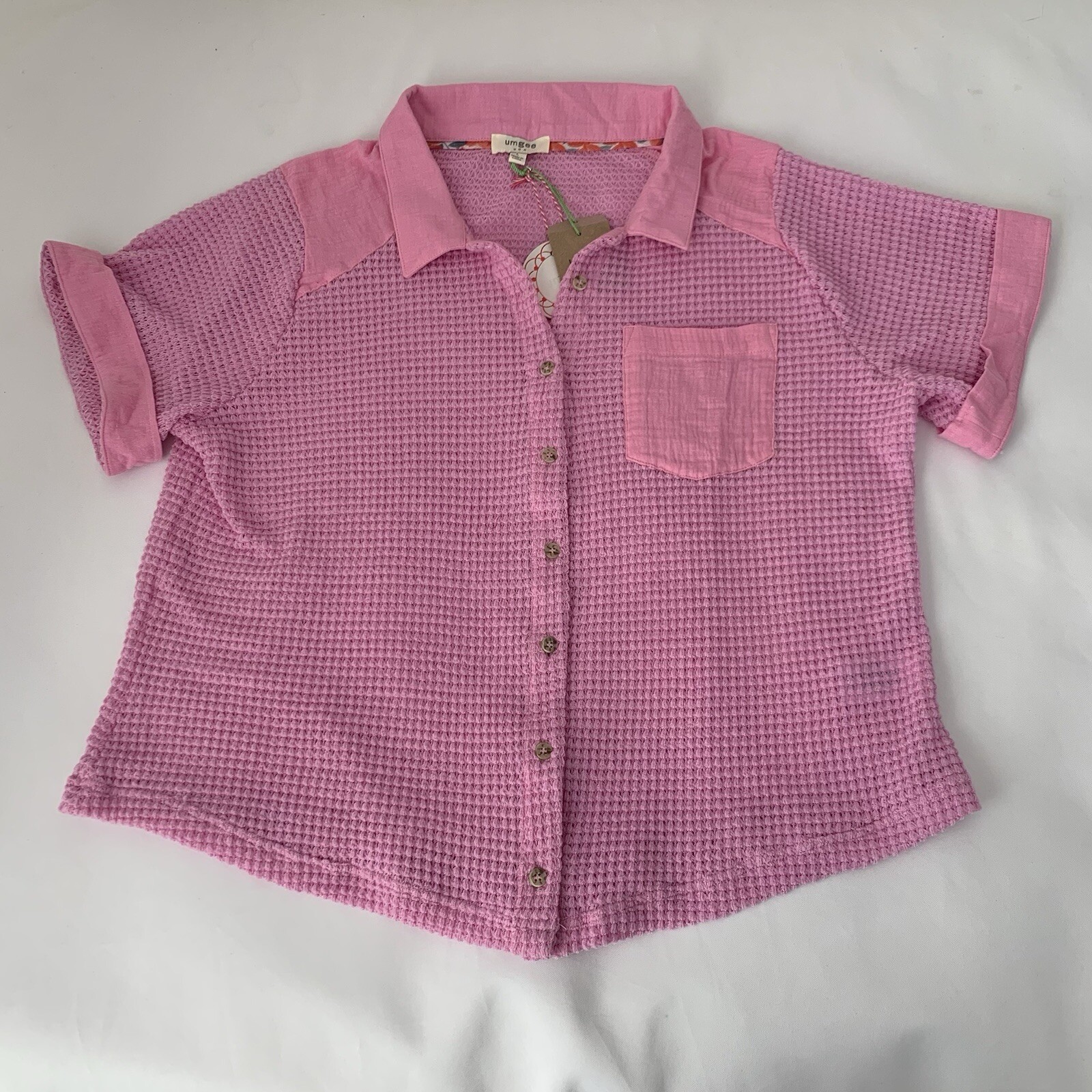 NWT Umgee Womens Pink Sheer Waffle Knit Box Camp Shirt Boho Lagenlook Gypsy