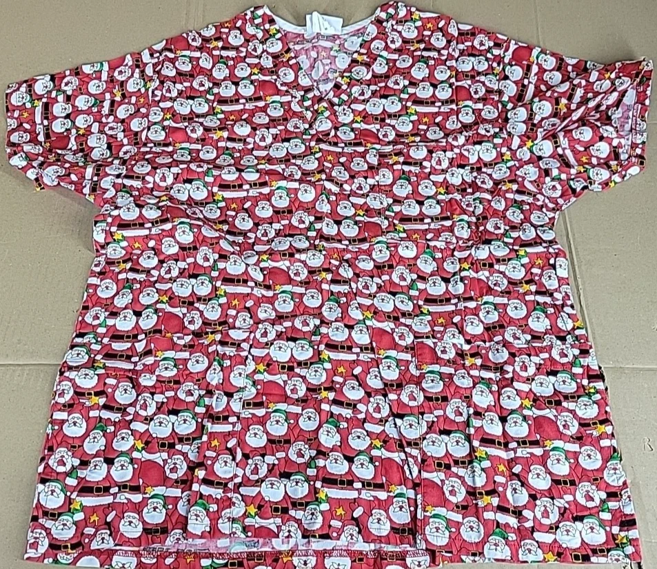 Medium Scrub Top Christmas Holiday Red Santa Stars Peaches Uniforms - Image 2 of 4