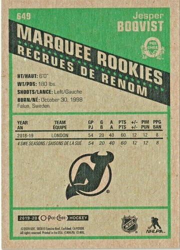 Jesper Boqvist 2019-20 OPC Retro Marquee Rookies Update #649 New Jersey Devils - Picture 2 of 2