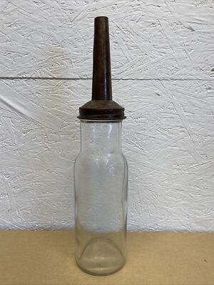 Plain Tall Motor Oil Bottle Spout Glass Vintage Style Gas