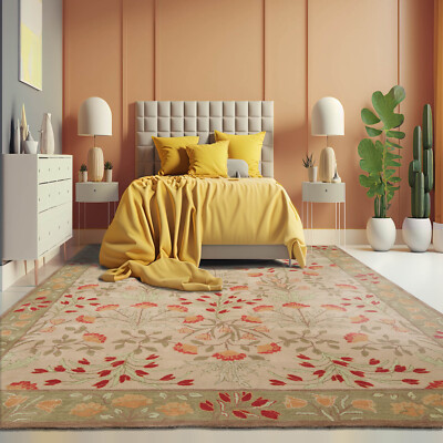Multi Sizes ACELENE BOTANICAL FLORAL Handmade Transitional Wool Area Rug Beige