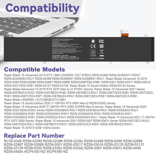 80Wh RC30-0248 Battery for Razer Blade 15 Advanced 2018 2019 2020 2021 series  - Picture 3 of 14