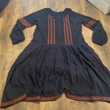 Free People Dress Womens Medium Navy Orange Gauze Hi Low Boho Peasant Henley