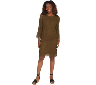 Isaac Mizrahi Live! Lace Split Sleeve Dress with Faux Pearls-Desert Green-Small