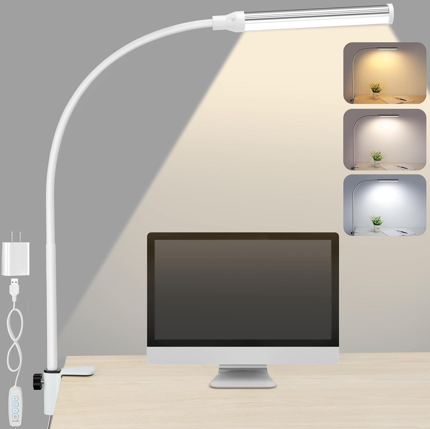 LED Desk Lamp for Home Office, Eye-Caring Desk Light with Clamp, 3 Colors Steple
