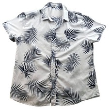 Mens Hawaiian Shirt Large Short Sleeve Palm Print Button Up Casual Beach White