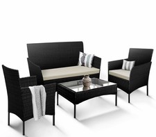 Keplin Rattan Garden Furniture Set Outdoor Sofa 2 Chairs & Glass Coffee Table