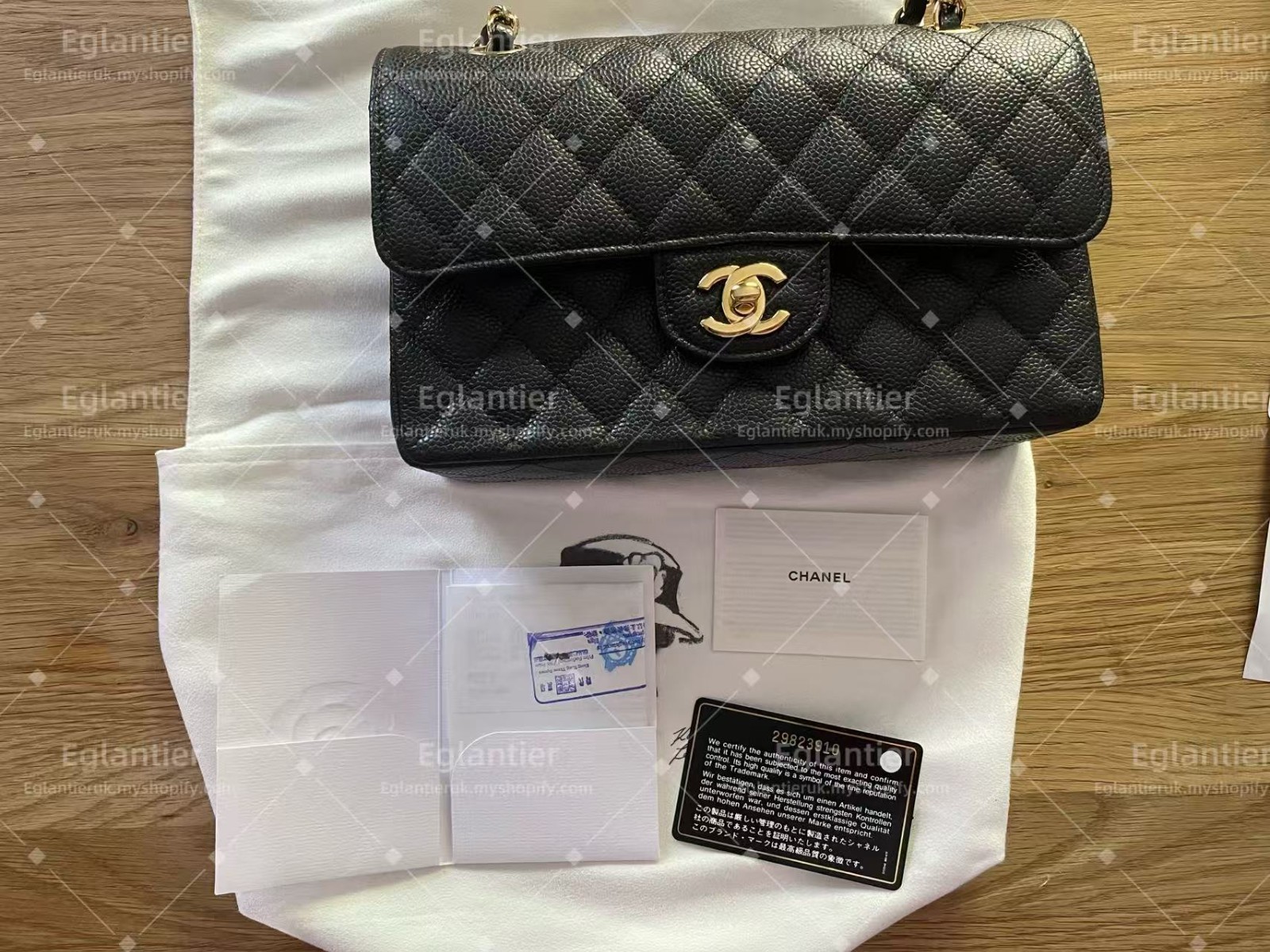 Chanel small black classic double flap bag caviar gold hardware ID card  receipt