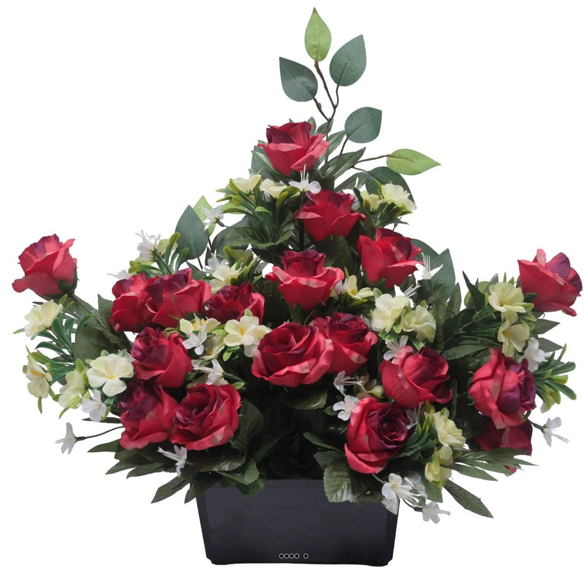 Devant de tombe rose fushia artificiel mini fleurs et ficus pour sépulture