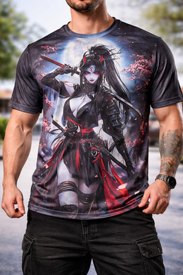 Herren Kurzarm-T-Shirt mit Anime-/Samurai-Motiv   Grau/Schwarz   Größe XXL