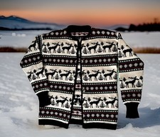 SALE VTG Wool Fair Isle Style Reindeer Patterned Cardigan Sweater Women s S/M