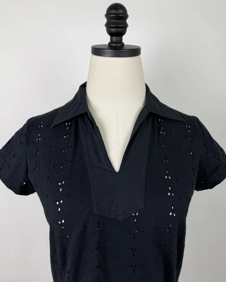 Vintage Eyelet Top Womens Small Black Jersey Knit Collared V-neck Shirt 90s Y2K - Image 3 of 4