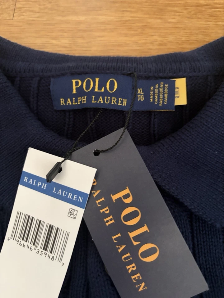 Polo Ralph Lauren Pull Homme XL bleu marine coton maille torsadée col polo - Photo 4/4