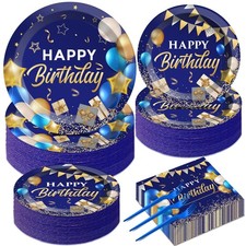 50 Guest Blue  Gold Birthday Party Plates, Napkins  Tableware Set - 200 PCS