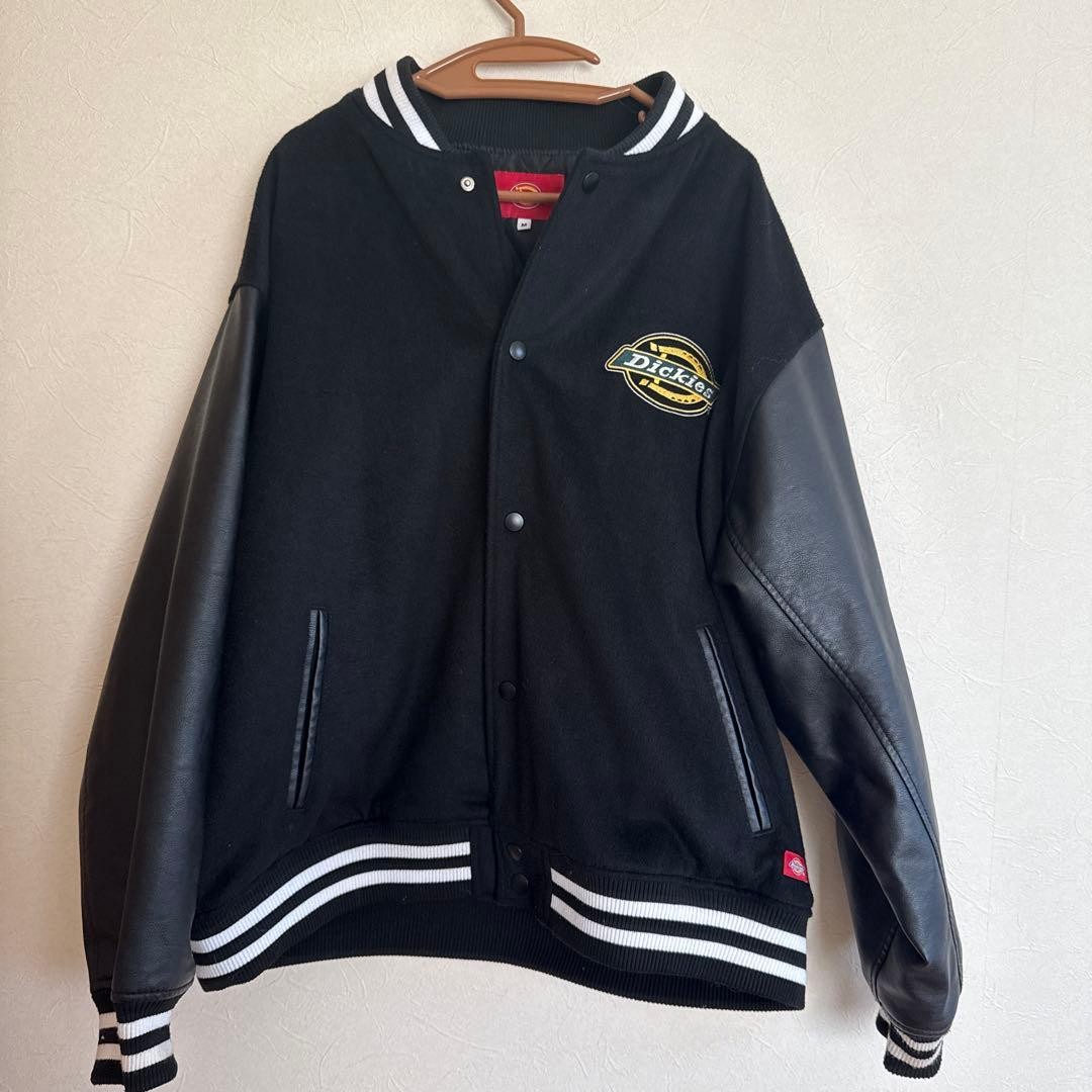Dickies Black Leather Sleeve Stadium Jacket Unisex M Style Used