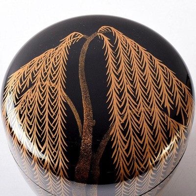 Boîte à Thé (tea Caddy) Japonaise Vintage Nakamura Soi Uchiwa Makie - Bois Laqué Noir, Années 1970-1980, Avec Boîte à Ustensiles