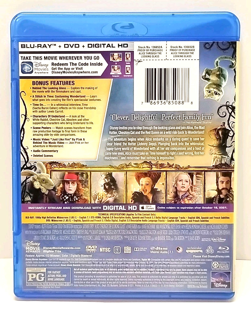 Alice Through The Looking Glass (2016) Blu-ray & DVD With Slipcover