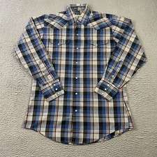 Vintage Mesquite Pearl Snap Shirt Men 15.5 33 Blue Plaid Cotton Poly Western 70s