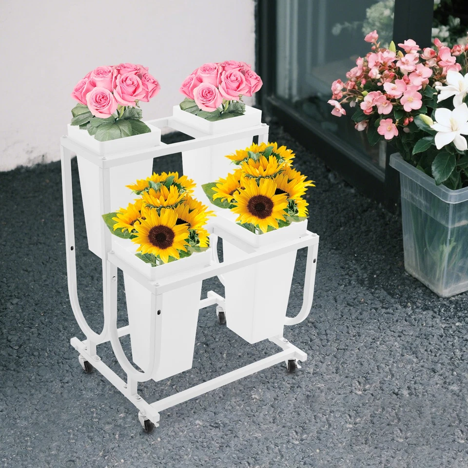 Soporte de exhibición de flores de metal, soporte para plantas con ruedas y cucharones, móvil Foto 4 de 4