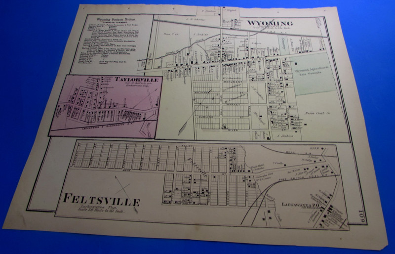 1873 - WYOMING , TAYLORVILLE  / BUSINESS NOTICES ORIGINAL MAP  - A. POMEROY - VG