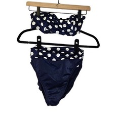 Vintage 80s Stewart 10 Navy Blue Polka Dot Bikini High Waist Swimsuit Strapless